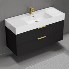 48 inch Floating Bathroom Vanity With Sink - Modern, Matte Black, Gold Handles